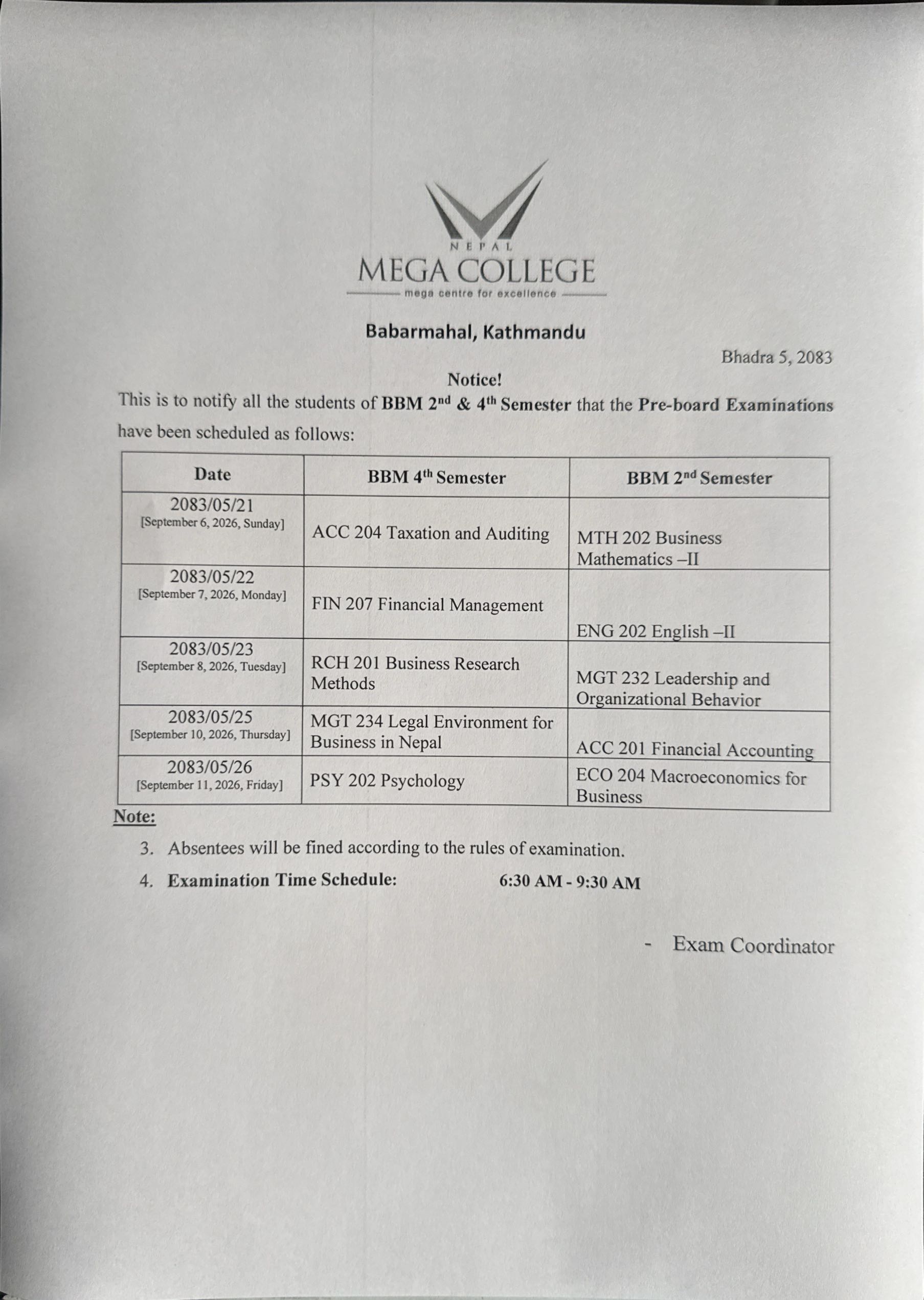Pre-board Examinations-2083 (BBM II & IV Semester)