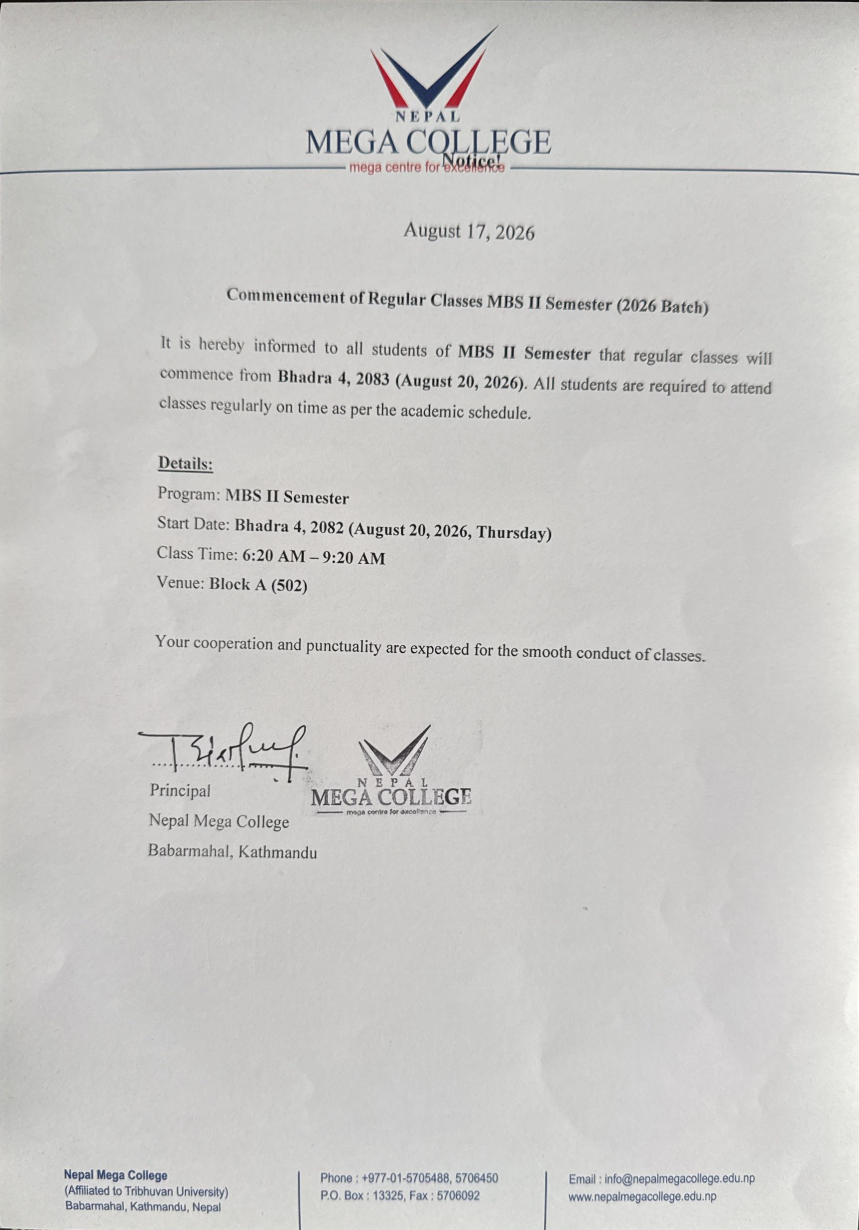Commencement of Regular Class (MBS II Semester)-2083