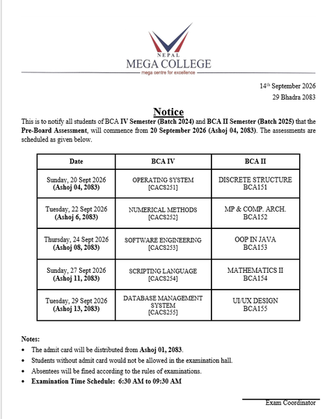Pre-board Examination - 2083 (BCA II & IV Semester)